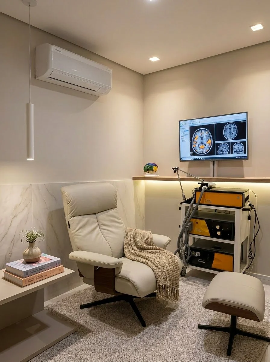 Sala de Estimulação Magnética Transcraniana (EMTr/rTMS) no Instituto InMind, Botafogo — equipamento Magstim para neuromodulação